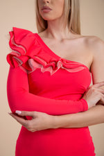 Kép betöltése a galériamegjelenítőbe: Corall piros poliamid fodros, elegáns féloldalas ruha
